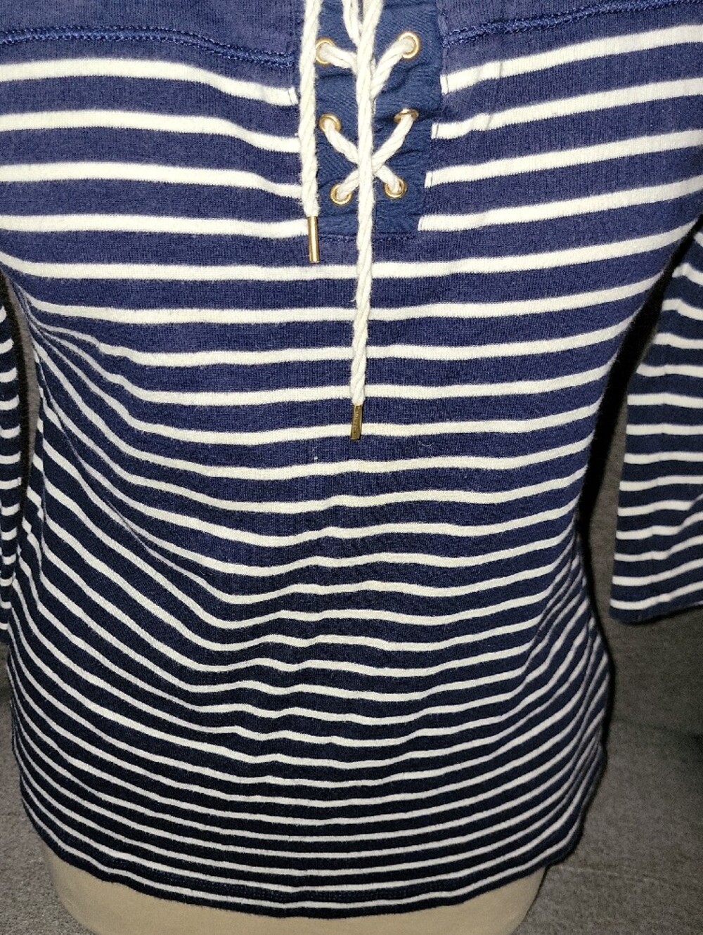 Ralph Lauren Navy and White Lace-Up Striped Long Sleeve Tee - Picture 3 of 6